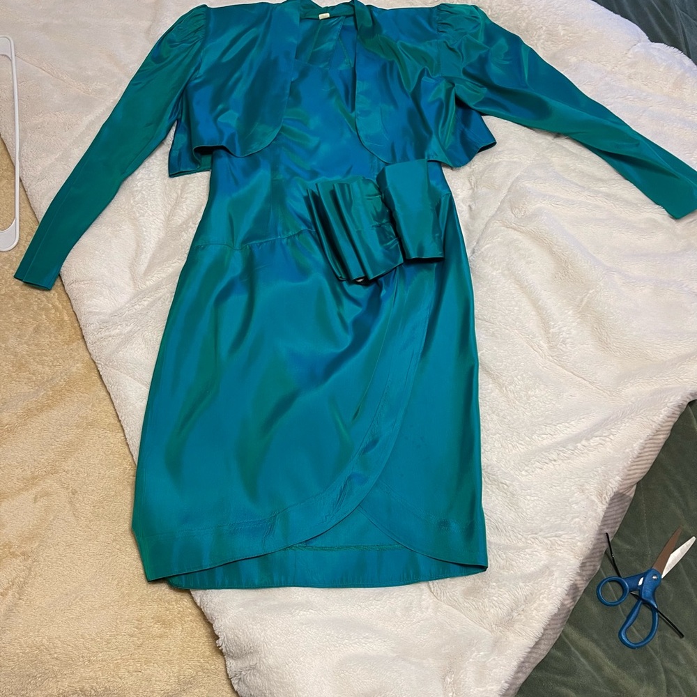 80’s Teal Sateen dress w/jacket from Macys . Original owner , closet kept.